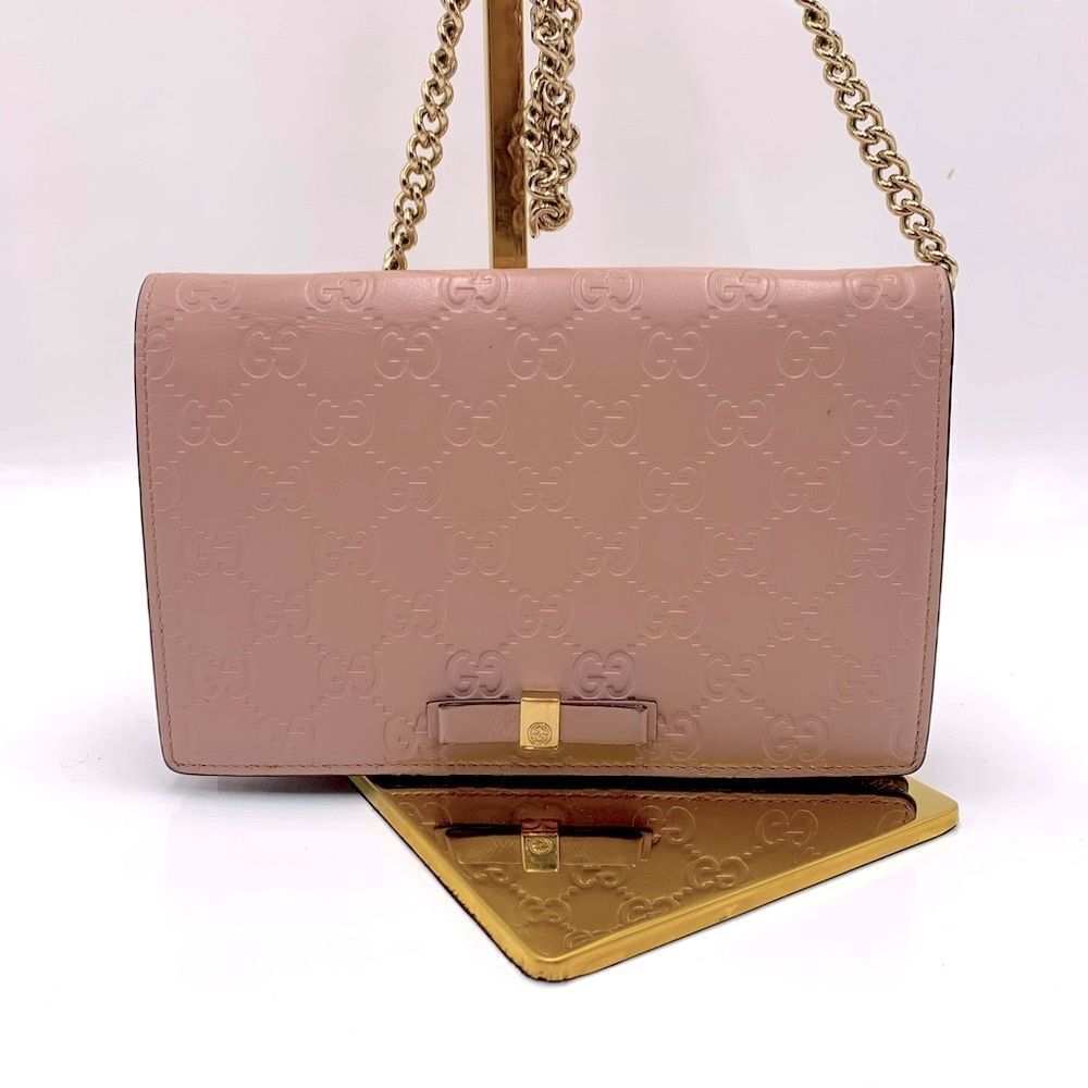 Auth Gucci Wallet On Chain Pink Beige Bow Guccisima Leather Gold Chain Strap Ex+